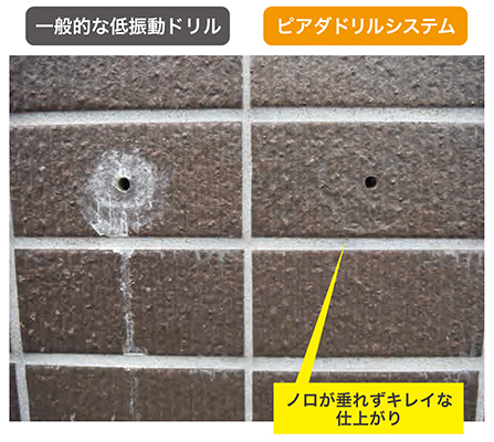 一般的な低振動ドリルと比べ、ノロが垂れずにキレイな仕上がりになります。